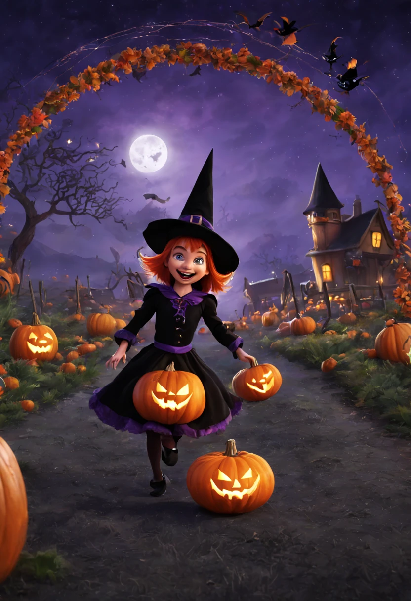 (best quality,4k,highres),looney tunes witches flying through a pumpkin patch at night,racing witches with broomsticks,spooky,comical,pumpkin-filled patch,charmingly detailed pumpkins,colorful witch costumes,full moon lighting,whimsical atmosphere,windswept hair,expressive facial expressions,spider webs,and bats,creepy-crawly crawling spiders,festive Halloween spirit,dynamic motion,laughter and excitement,animated artwork,enchanted fantasy,thrilling witch race,wickedly funny,mesmerizing visual effects,hauntingly beautiful scenery,magical aura,mischievous tricks and spells,nighttime adventure,playful competition,breathtaking sky,illuminating stars, clearly defined race course, finish line is a ring of swirling magic, racing using flying broomstick