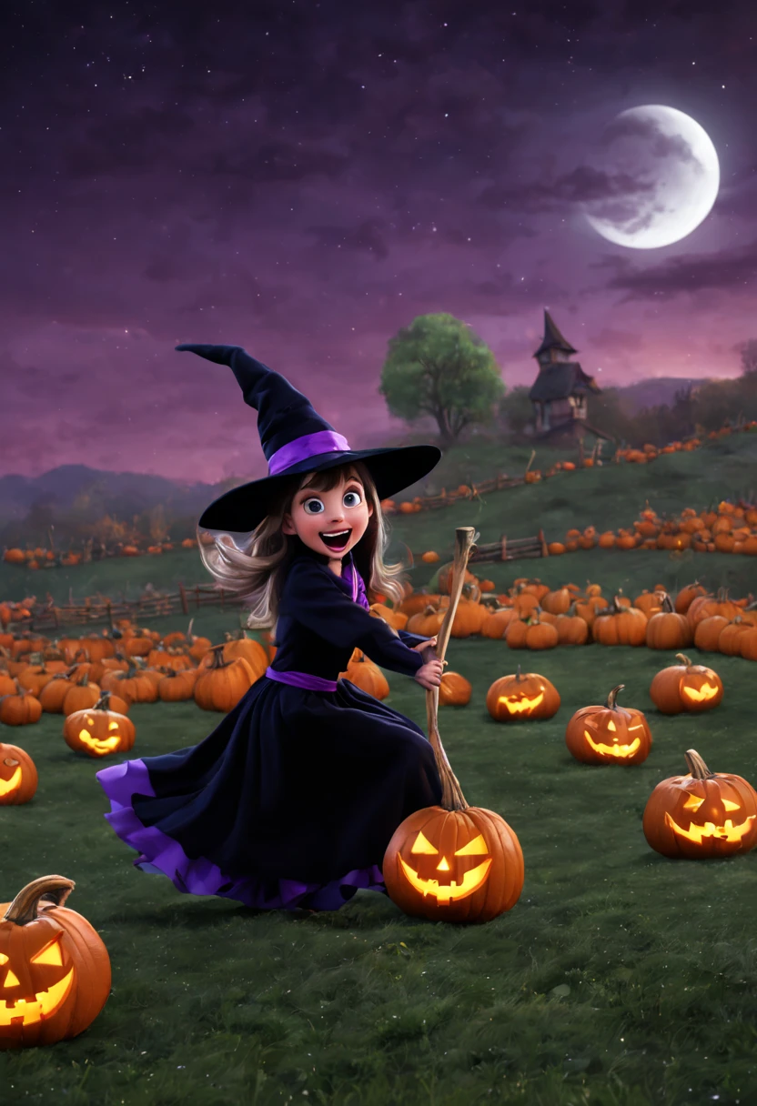 (best quality,4k,highres),looney tunes witches flying through a pumpkin patch at night,racing witches with broomsticks,spooky,comical,pumpkin-filled patch,charmingly detailed pumpkins,colorful witch costumes,full moon lighting,whimsical atmosphere,windswept hair,expressive facial expressions,spider webs,and bats,creepy-crawly crawling spiders,festive Halloween spirit,dynamic motion,laughter and excitement,animated artwork,enchanted fantasy,thrilling witch race,wickedly funny,mesmerizing visual effects,hauntingly beautiful scenery,magical aura,mischievous tricks and spells,nighttime adventure,playful competition,breathtaking sky,illuminating stars, clearly defined race course, finish line is a ring of swirling magic, racing using flying broomstick