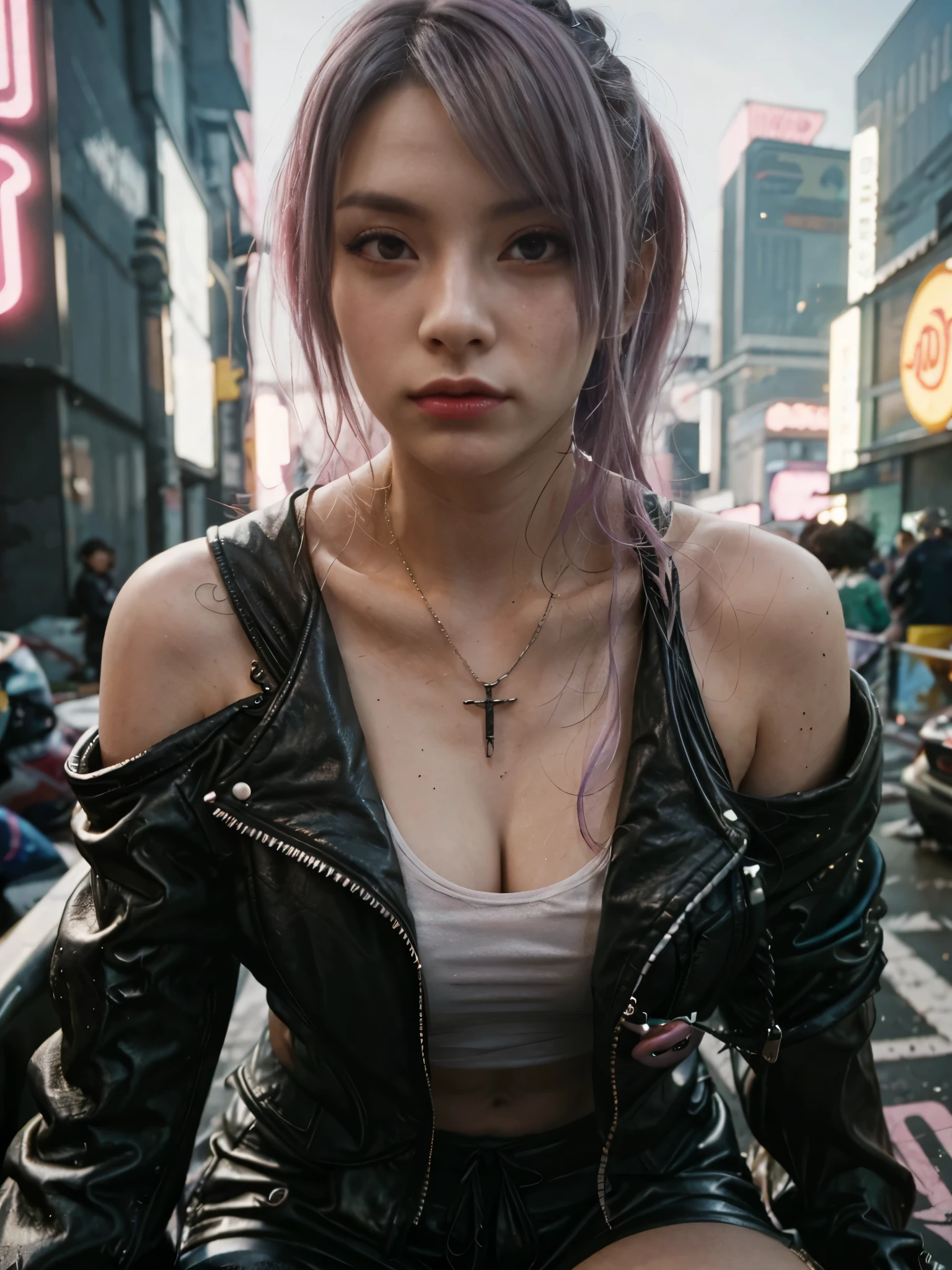 a woman in a off shoulder leather jacket sitting on the street, cyberpunk art style, cyberpunk 2 0 y. o model girl, hyper-realistic cyberpunk style, cyberpunk vibes, cyberpunk style ， hyperrealistic, cyberpunk beautiful girl, cyberpunk art ultrarealistic 8k, cyberpunk girl, cyberpunk art, female cyberpunk anime girl, in cyberpunk style, cyberpunk judy alvarez