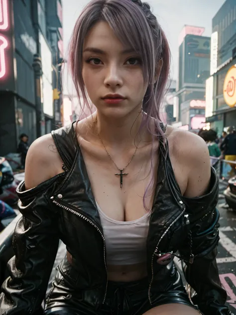 a woman in a off shoulder leather jacket sitting on the street, cyberpunk art style, cyberpunk 2 0 y. o model girl, hyper-realis...