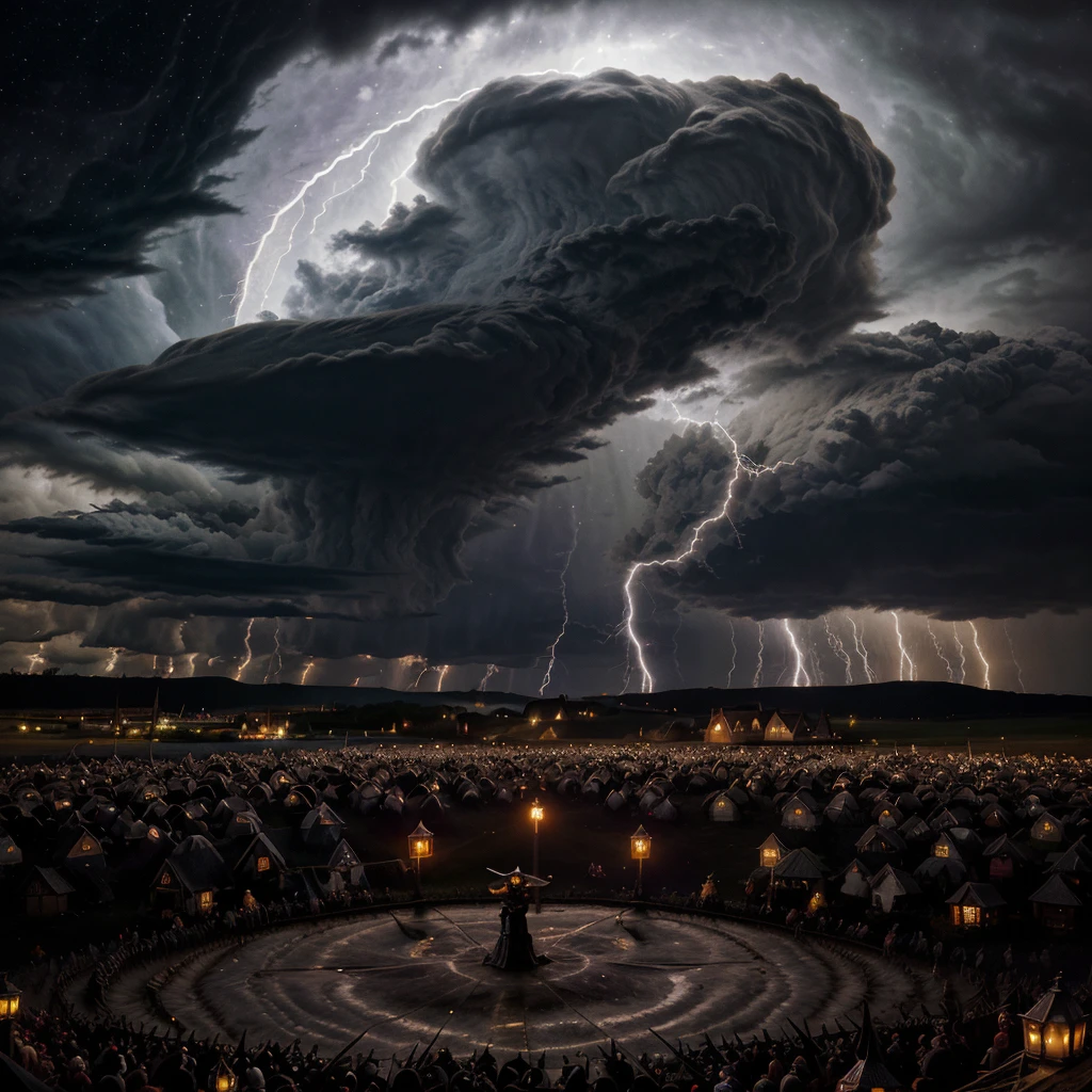 scary witches fly on broomsticks a tense race through a cloud and thunderstorm filled night sky, a swirling ring of magic marks the end, lightning outlines the course, full moon