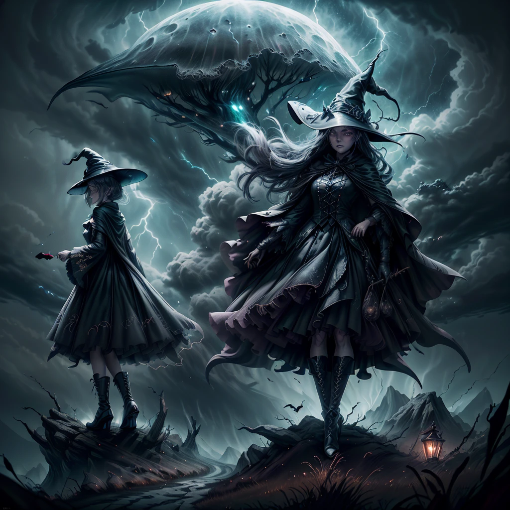 (best quality, HDR, ultra-detailed, realistic:1.37), scary witches flying on broomsticks, tense race through a cloud and thunderstorm filled night sky, swirling ring of magic marks the end, lightning outlines the course, full moon