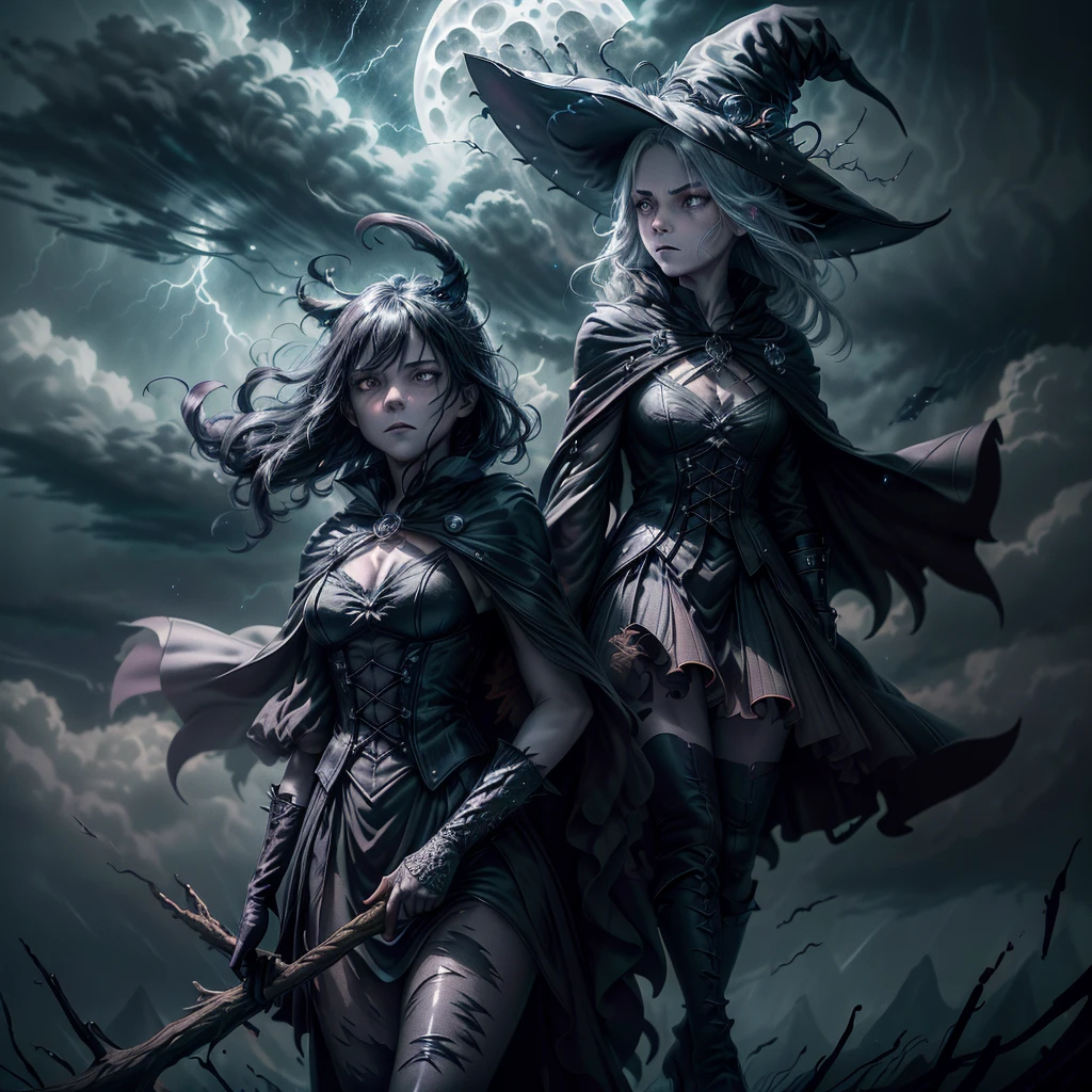 (best quality, HDR, ultra-detailed, realistic:1.37), scary witches flying on broomsticks, tense race through a cloud and thunderstorm filled night sky, swirling ring of magic marks the end, lightning outlines the course, full moon