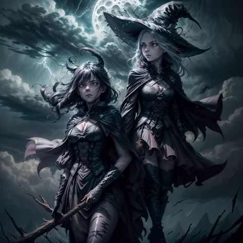 (best quality,ultra-detailed),scary witches flying on broomsticks, tense race through a cloud and thunderstorm-filled night sky,...