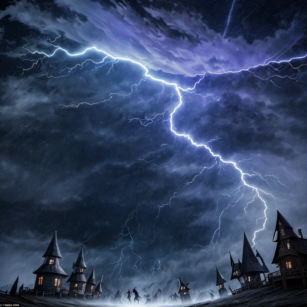 (best quality, HDR, ultra-detailed, realistic:1.37), scary witches flying on broomsticks, tense race through a cloud and thunderstorm filled night sky, swirling ring of magic marks the end, lightning outlines the course, full moon