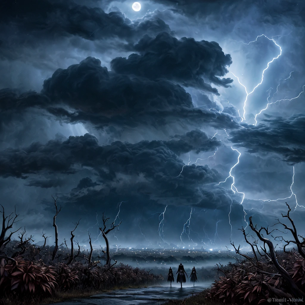 (best quality, HDR, ultra-detailed, realistic:1.37), scary witches flying on broomsticks, tense race through a cloud and thunderstorm filled night sky, swirling ring of magic marks the end, lightning outlines the course, full moon