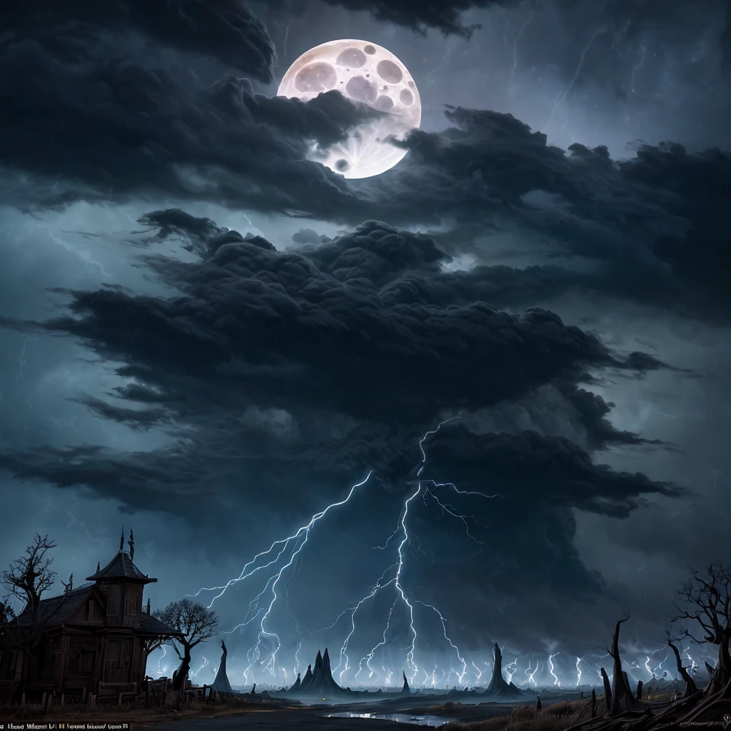 (best quality, HDR, ultra-detailed, realistic:1.37), scary witches flying on broomsticks, tense race through a cloud and thunderstorm filled night sky, swirling ring of magic marks the end, lightning outlines the course, full moon