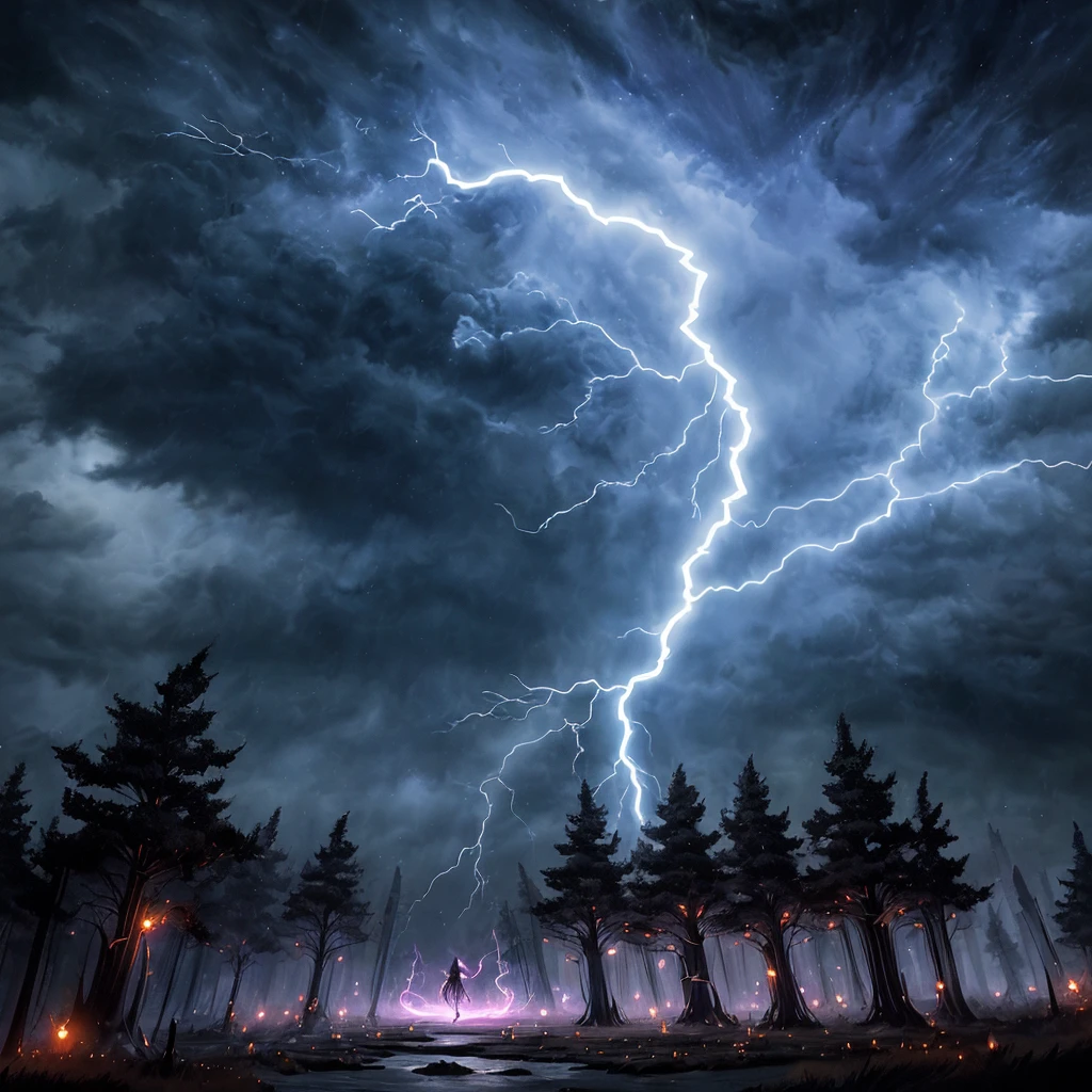 (best quality, HDR, ultra-detailed, realistic:1.37), scary witches flying on broomsticks, tense race through a cloud and thunderstorm filled night sky, swirling ring of magic marks the end, lightning outlines the course, full moon