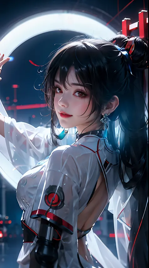 1 girl, chinese_clothes, liquid silver and red, cyberhanfu, cheongsam, cyberpunk city, dynamic pose, glowing headphones, glowing...