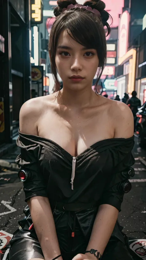 a woman in a off shoulder kimono sitting on the street, cyberpunk art style, cyberpunk 2 0 y. o model girl, hyper-realistic cybe...