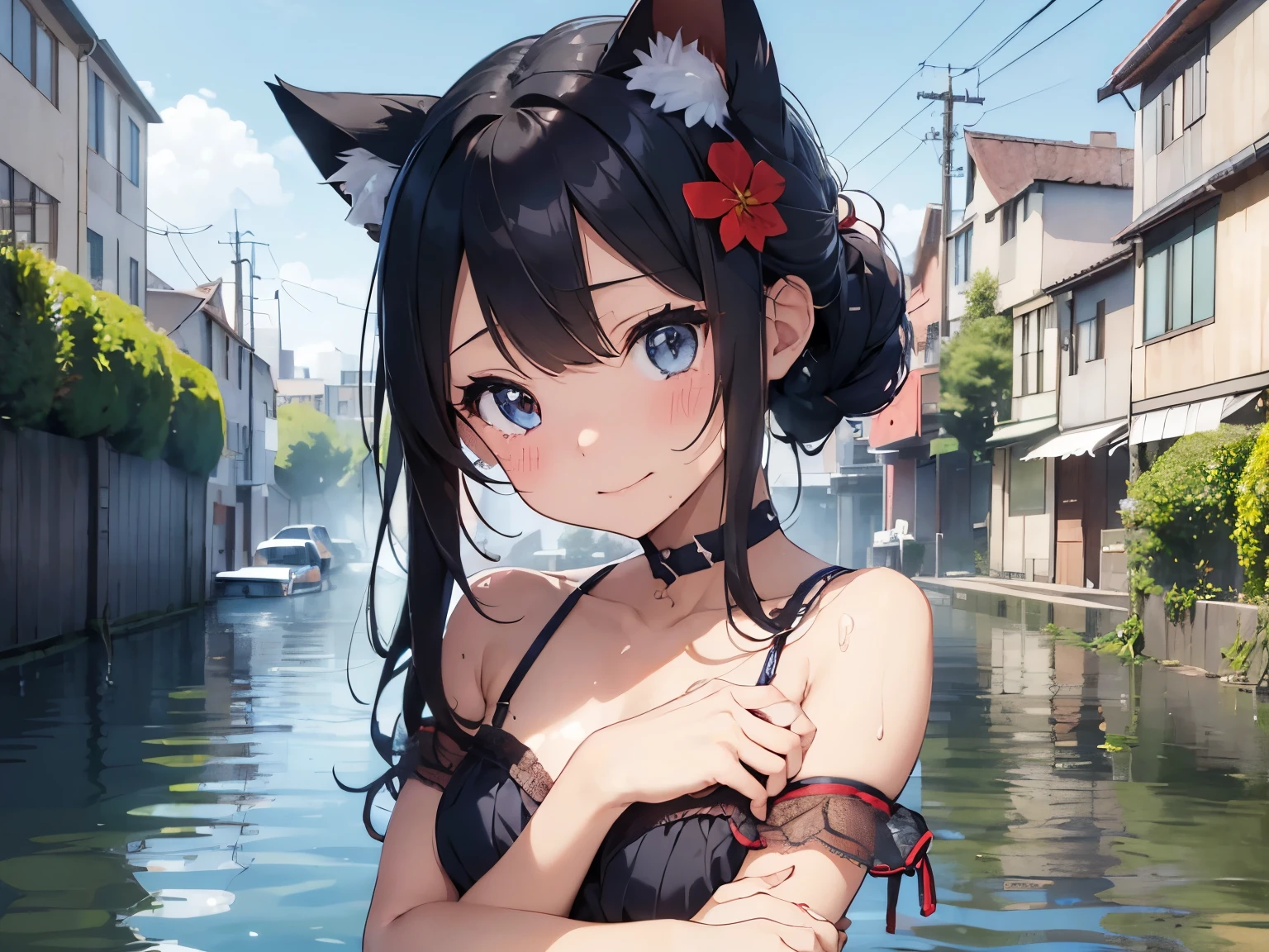 Anime girl in a black dress standing in a river with a cat ear - SeaArt AI