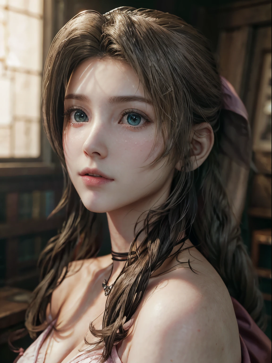 (masterpiece, best quality:1.4), (future days), (1girl), solo, (european youth:1), aerith gainsborough, choker, cropped jacket, hair bow, bracelet, pink dress, brown boots, long hair, hair ribbons, strapless red dress, high heels hyperrealistic, high detailed skin, dslr, soft lighting, high quality, highly detailed face, highly detailed skin, skin pores, subsurface scattering, realistic pupils, medium breast, full face blush, full lips, detailed background, depth of field, volumetric lighting, sharp focus, absurdres, realistic proportions, good anatomy, (realistic, hyperrealistic:1.4), 16k hdr,