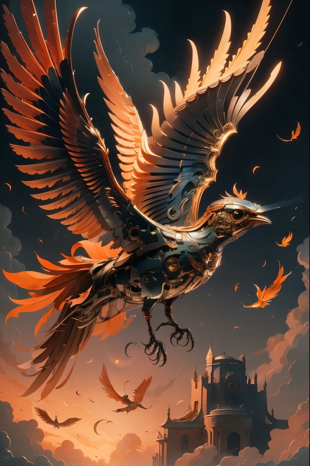 Mechanical birds
full_body,1 Beautiful mechanical bird, The legendary immortal bird, the phoenix,wings made of gold magnificently suspended in the air, glowing red eyes, wings open, full_body, sky, clouds, moonlight, glowing red eyes, central composition, petals,