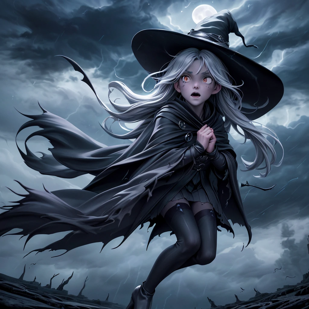 (best quality, HDR, ultra-detailed, realistic:1.37), scary witches flying on broomsticks, tense race through a cloud and thunderstorm filled night sky, swirling ring of magic marks the end, lightning outlines the course, full moon