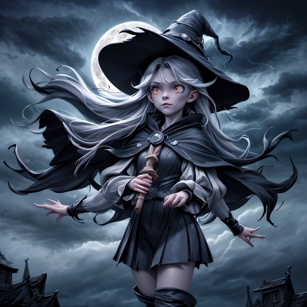 (best quality, HDR, ultra-detailed, realistic:1.37), scary witches flying on broomsticks, tense race through a cloud and thunderstorm filled night sky, swirling ring of magic marks the end, lightning outlines the course, full moon