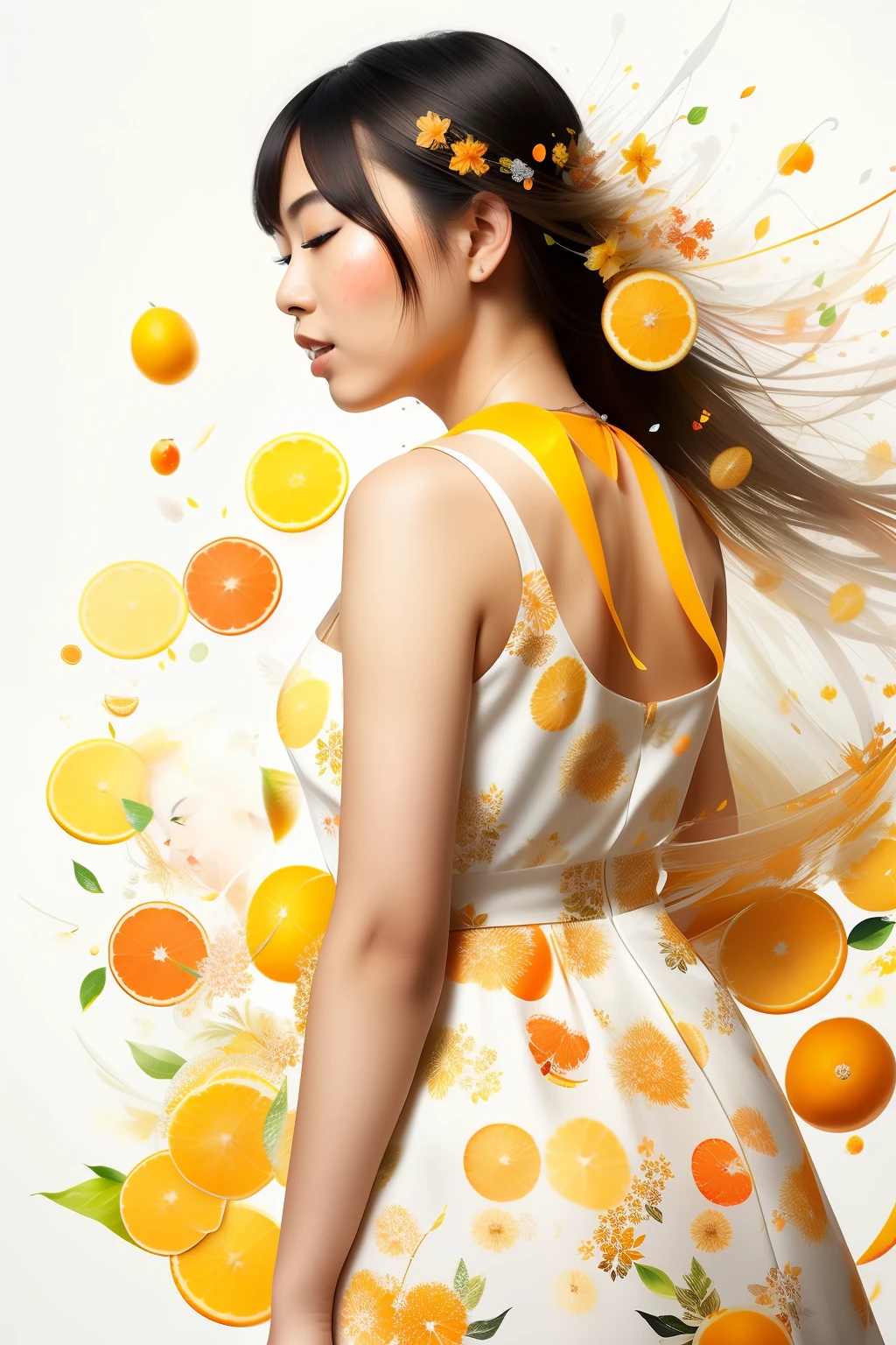Beautiful Asian woman wearing a floral white dress, citrus fruits flying around, Rainbow Orange Highlights, background of assorted citrus fruits, Splashes of orange juice, Side view, textured, photo-realistic, 12k quality 