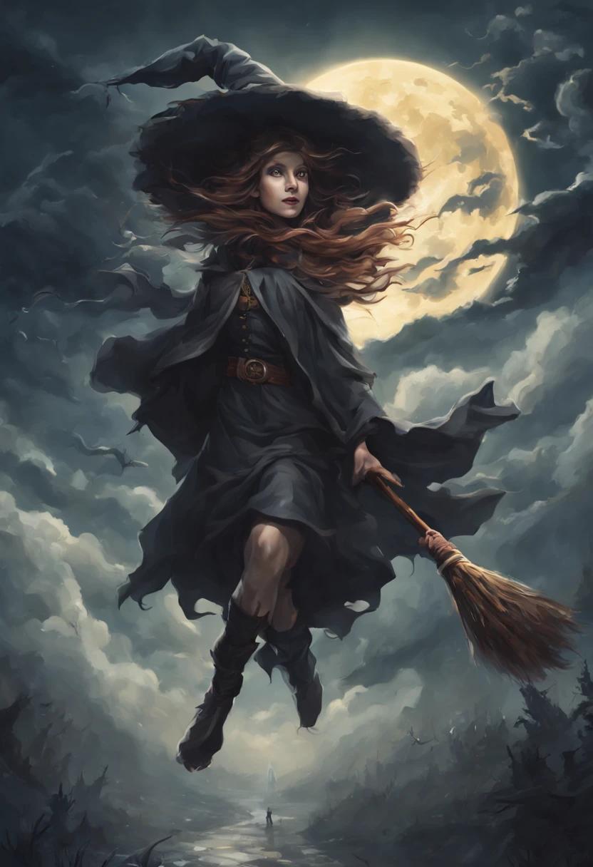 (best quality, HDR, ultra-detailed, realistic:1.37), scary witches flying on broomsticks, tense race through a cloud and thunderstorm filled night sky, swirling ring of magic marks the end, lightning outlines the course, full moon