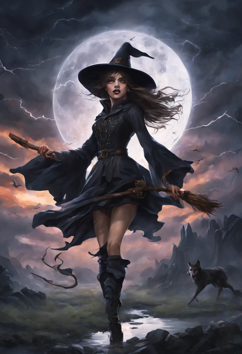 (best quality, HDR, ultra-detailed, realistic:1.37), scary witches flying on broomsticks, tense race through a cloud and thunderstorm filled night sky, swirling ring of magic marks the end, lightning outlines the course, full moon