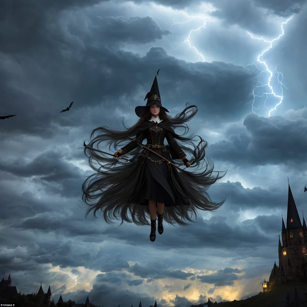 "(best quality,highres,realistic:1.37),scary witches flying on broomsticks, tense race above a cloud and thunderstorm-filled night sky, swirling ring of magic at the end, lightning outlining the course, full moon, mystical atmosphere, dramatic lighting, dark and eerie colors, witch hats and capes, hair flowing in the wind, intense expressions on their faces, intense focus and determination, broomsticks hovering in the air, crackling energy surrounding the broomsticks, ominous thunder and lightning, moonlight casting eerie shadows, mystical symbols in the sky, gusts of wind swirling around the witches, flying at high speed, competing for victory, anticipation and excitement, adrenaline-filled race, intense competition among witches, a thrilling and dangerous challenge, the world below disappearing in the darkness, stars twinkling in the night sky, the howling of the wind, clouds swirling ominously, wisps of fog adding to the eerie atmosphere, a sense of magic and mystery in the air."