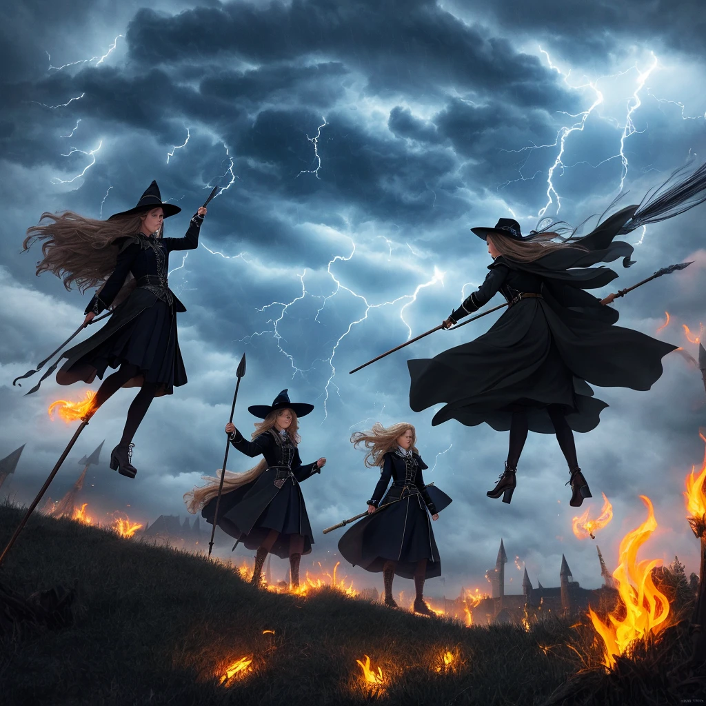 "(best quality,highres,realistic:1.37),scary witches flying on broomsticks, tense race above a cloud and thunderstorm-filled night sky, swirling ring of magic at the end, lightning outlining the course, full moon, mystical atmosphere, dramatic lighting, dark and eerie colors, witch hats and capes, hair flowing in the wind, intense expressions on their faces, intense focus and determination, broomsticks hovering in the air, crackling energy surrounding the broomsticks, ominous thunder and lightning, moonlight casting eerie shadows, mystical symbols in the sky, gusts of wind swirling around the witches, flying at high speed, competing for victory, anticipation and excitement, adrenaline-filled race, intense competition among witches, a thrilling and dangerous challenge, the world below disappearing in the darkness, stars twinkling in the night sky, the howling of the wind, clouds swirling ominously, wisps of fog adding to the eerie atmosphere, a sense of magic and mystery in the air."