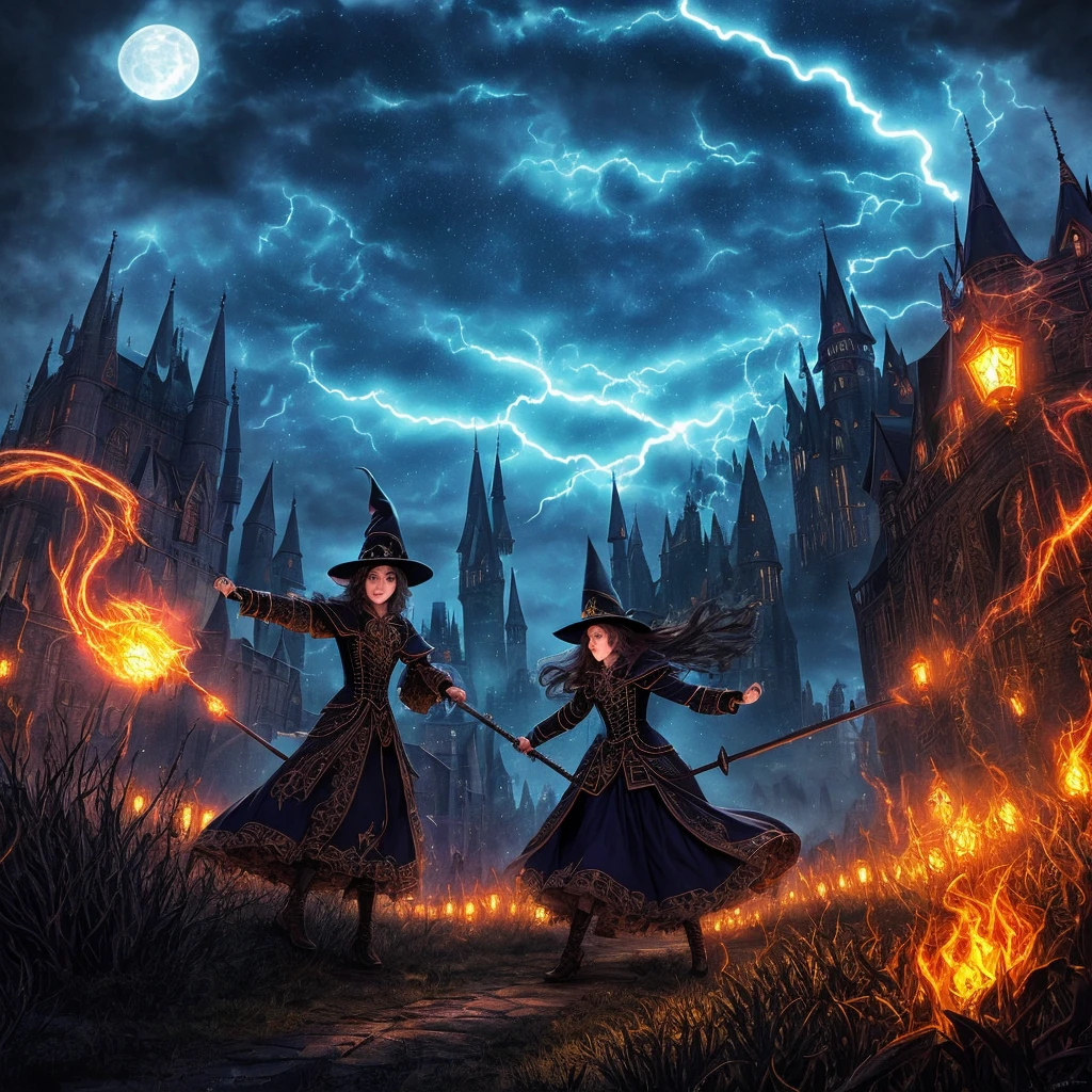 "(best quality,highres,realistic:1.37),scary witches flying on broomsticks, tense race above a cloud and thunderstorm-filled night sky, swirling ring of magic at the end, lightning outlining the course, full moon, mystical atmosphere, dramatic lighting, dark and eerie colors, witch hats and capes, hair flowing in the wind, intense expressions on their faces, intense focus and determination, broomsticks hovering in the air, crackling energy surrounding the broomsticks, ominous thunder and lightning, moonlight casting eerie shadows, mystical symbols in the sky, gusts of wind swirling around the witches, flying at high speed, competing for victory, anticipation and excitement, adrenaline-filled race, intense competition among witches, a thrilling and dangerous challenge, the world below disappearing in the darkness, stars twinkling in the night sky, the howling of the wind, clouds swirling ominously, wisps of fog adding to the eerie atmosphere, a sense of magic and mystery in the air."