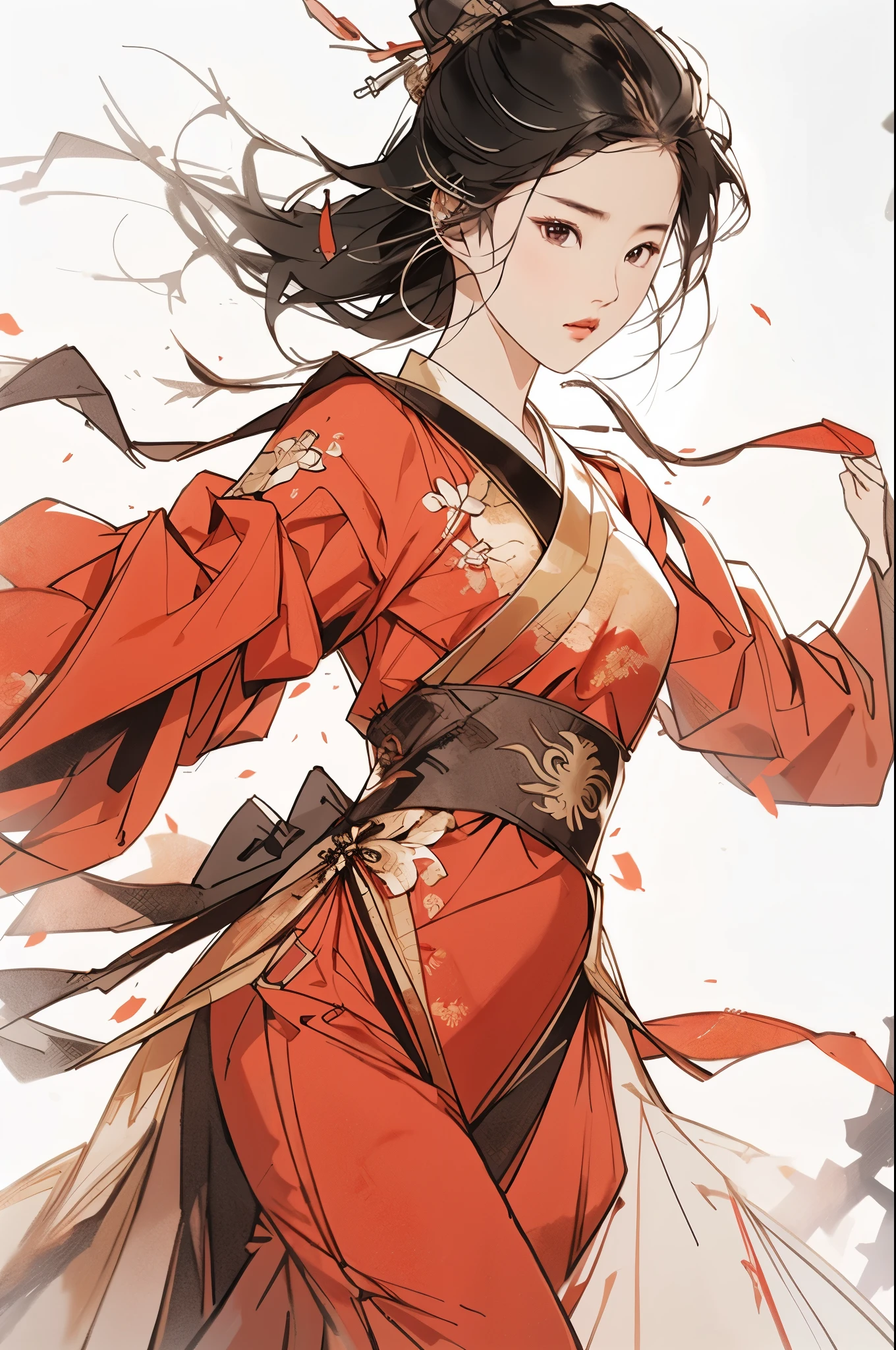 liuyifei, 1女孩, 独自的, 红色传统中式服饰, 功夫姿势, 简单的背景, 白色背景, 工笔画