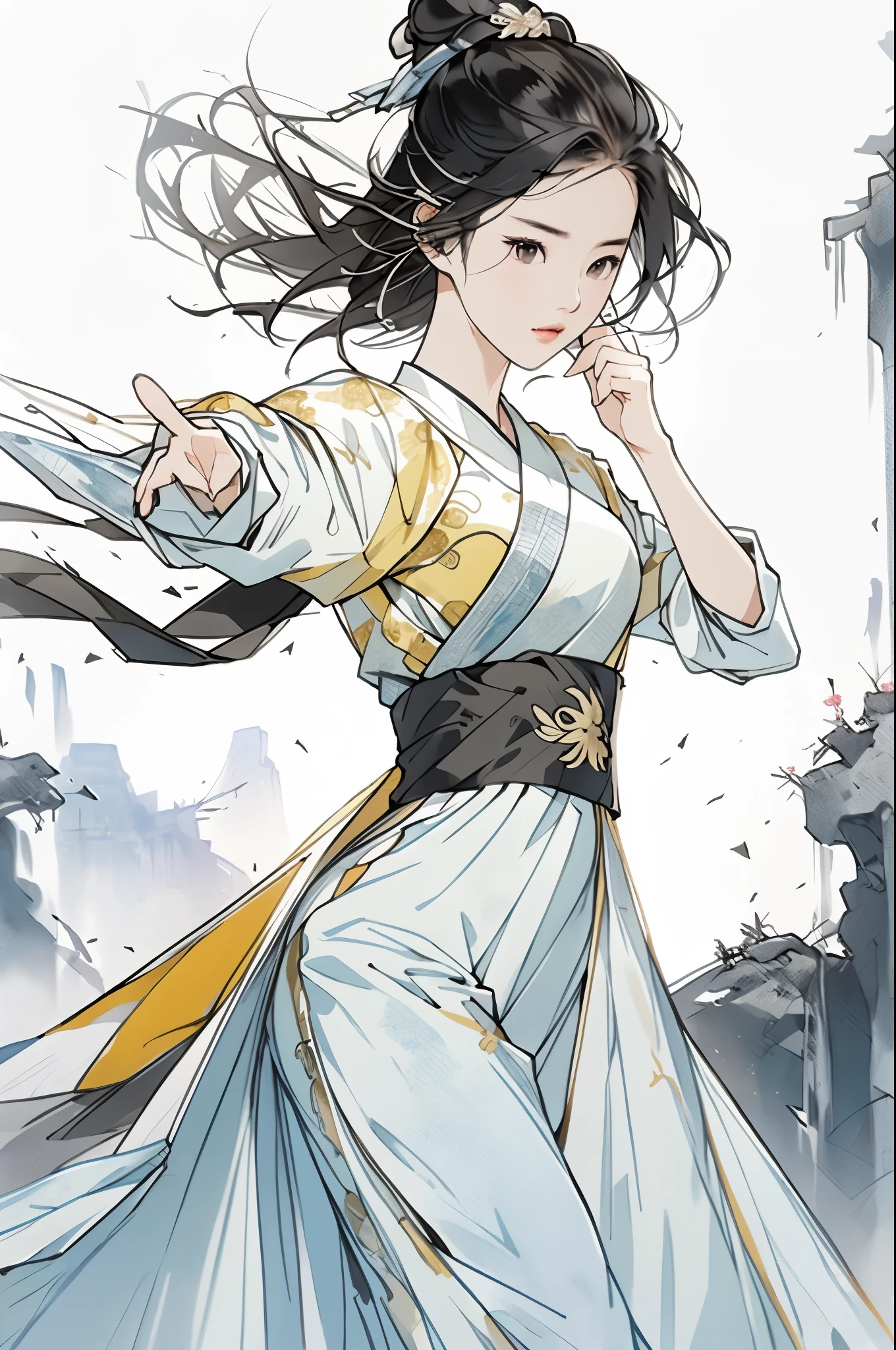 liuyifei, 1 Mädchen, Allein, gelbes traditionelles chinesisches Kleid, Kung Fu Stellung, einfacher Hintergrund, weißer Hintergrund, thomas.k