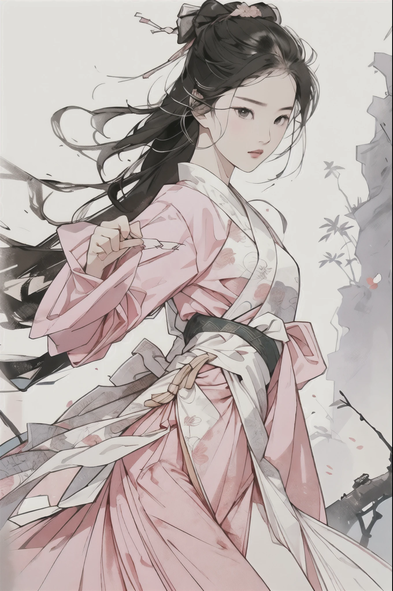 liuyifei, 1女孩, 独自的, 粉红色传统中式服饰, 功夫姿势, 简单的背景, 白色背景, 工笔画