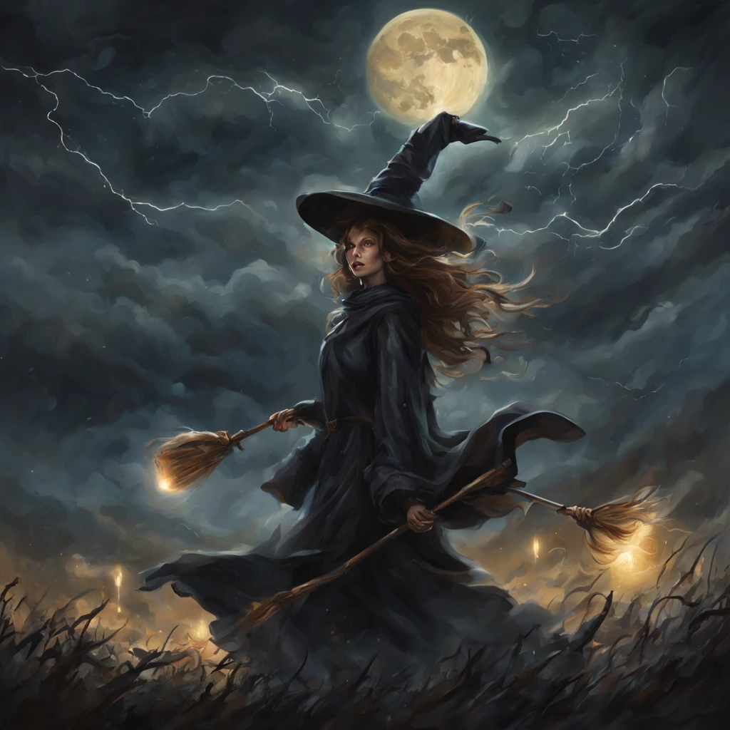 "(best quality,highres,realistic:1.37),scary witches flying on broomsticks, tense race above a cloud and thunderstorm-filled night sky, swirling ring of magic at the end, lightning outlining the course, full moon, mystical atmosphere, dramatic lighting, dark and eerie colors, witch hats and capes, hair flowing in the wind, intense expressions on their faces, intense focus and determination, broomsticks hovering in the air, crackling energy surrounding the broomsticks, ominous thunder and lightning, moonlight casting eerie shadows, mystical symbols in the sky, gusts of wind swirling around the witches, flying at high speed, competing for victory, anticipation and excitement, adrenaline-filled race, intense competition among witches, a thrilling and dangerous challenge, the world below disappearing in the darkness, stars twinkling in the night sky, the howling of the wind, clouds swirling ominously, wisps of fog adding to the eerie atmosphere, a sense of magic and mystery in the air."