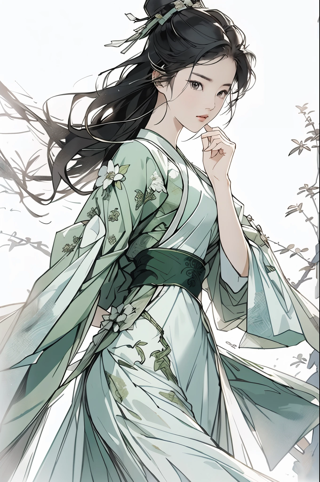 liuyifei, 1 chica, Solo, vestido chino tradicional verde, pose de kung fu, fondo sencillo, Fondo blanco, Gongbihua