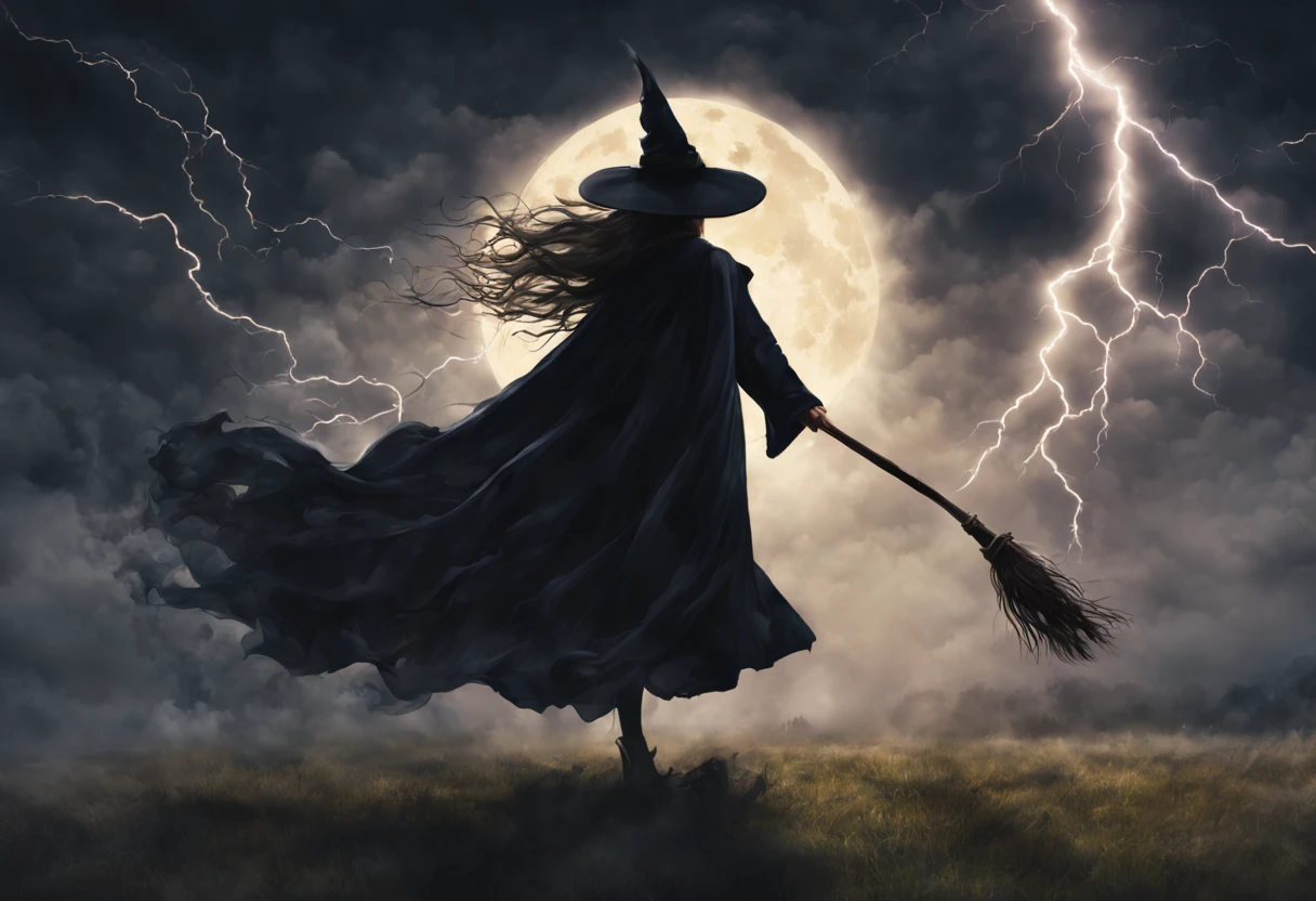 "(best quality,highres,realistic:1.37),scary witches flying on broomsticks, tense race above a cloud and thunderstorm-filled night sky, swirling ring of magic at the end, lightning outlining the course, full moon, mystical atmosphere, dramatic lighting, dark and eerie colors, witch hats and capes, hair flowing in the wind, intense expressions on their faces, intense focus and determination, broomsticks hovering in the air, crackling energy surrounding the broomsticks, ominous thunder and lightning, moonlight casting eerie shadows, mystical symbols in the sky, gusts of wind swirling around the witches, flying at high speed, competing for victory, anticipation and excitement, adrenaline-filled race, intense competition among witches, a thrilling and dangerous challenge, the world below disappearing in the darkness, stars twinkling in the night sky, the howling of the wind, clouds swirling ominously, wisps of fog adding to the eerie atmosphere, a sense of magic and mystery in the air."