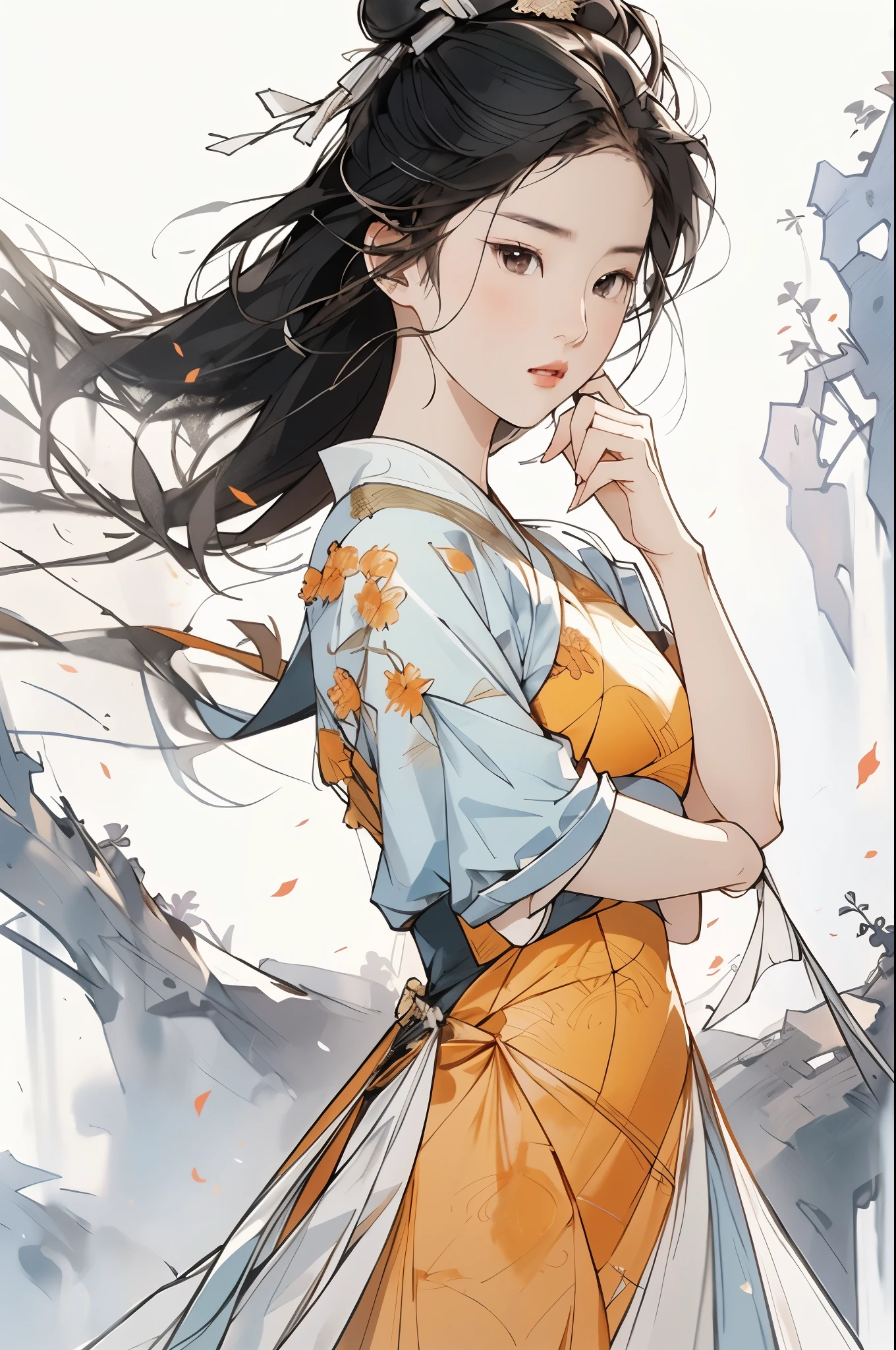 liuyifei, 1girl, Solo, orange tradition Chinese dress, Kungfu pose, Simple background, White background, gongbihua