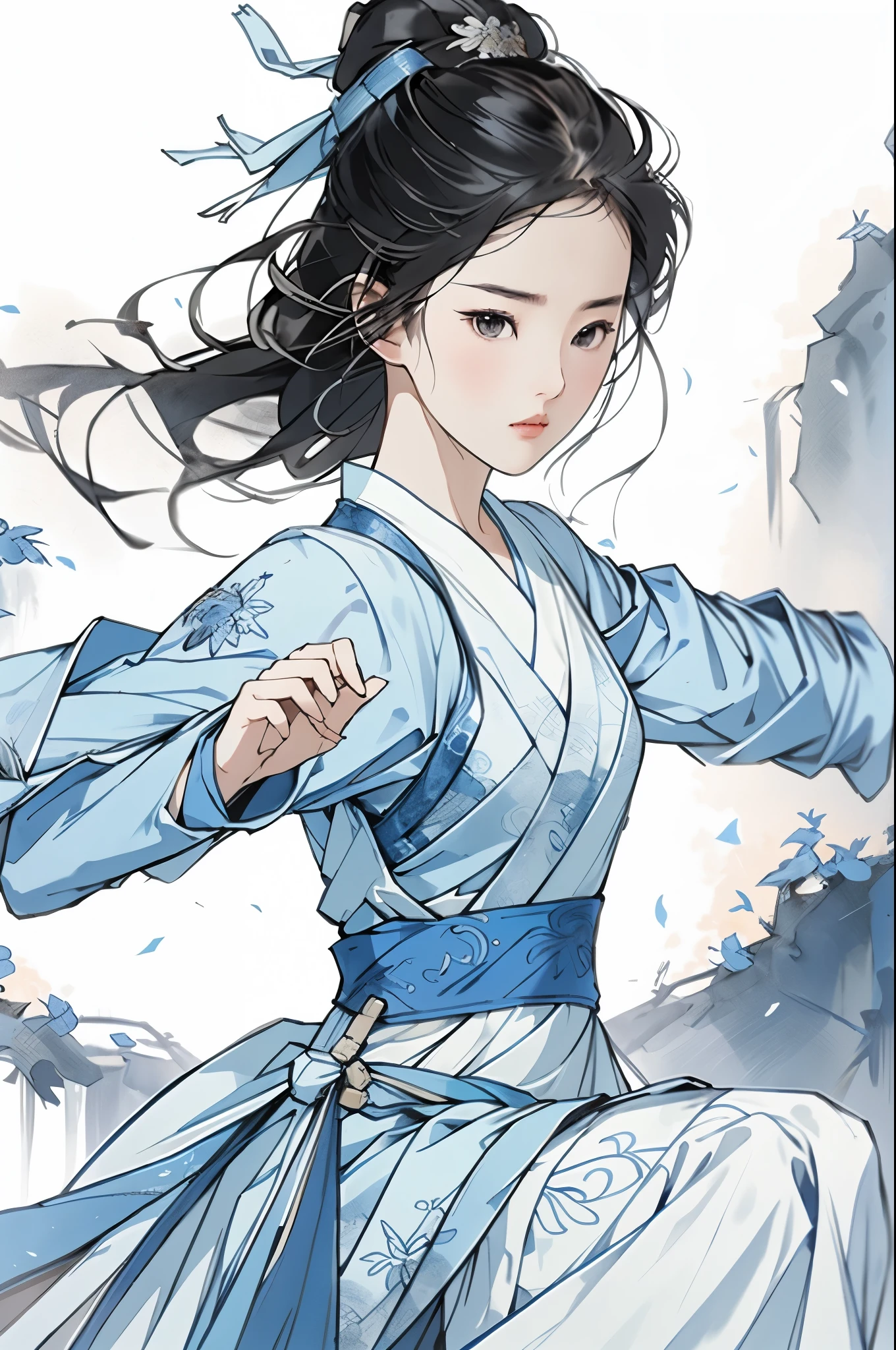 liuyifei, 1女孩, 独自的, 蓝色传统中式服饰, 功夫姿势, 简单的背景, 白色背景, 工笔画