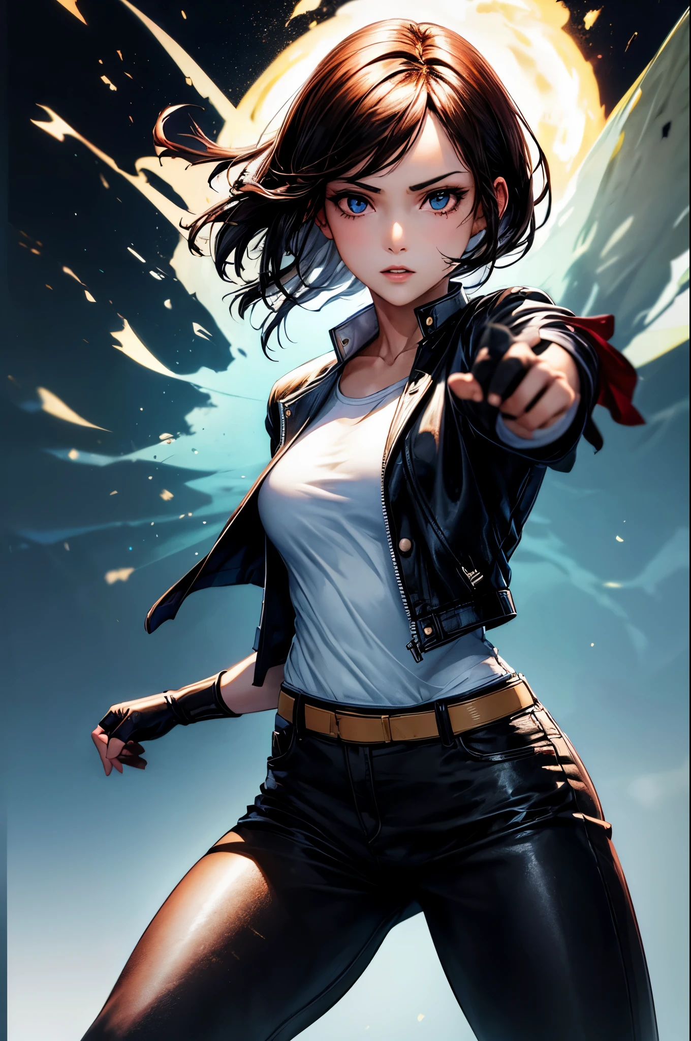 (masterpiece), best quality, expressive eyes, perfect face, highres, (female1.5), 1 girl, solo, orochikyo, black jacket, fingerless gloves, white t-shirt, white headband, black jacket, black pants, white shoes, simple background, particle effect, flames, magic, spectacular particle, standing, upper body, portrait, looking at the viewer,
