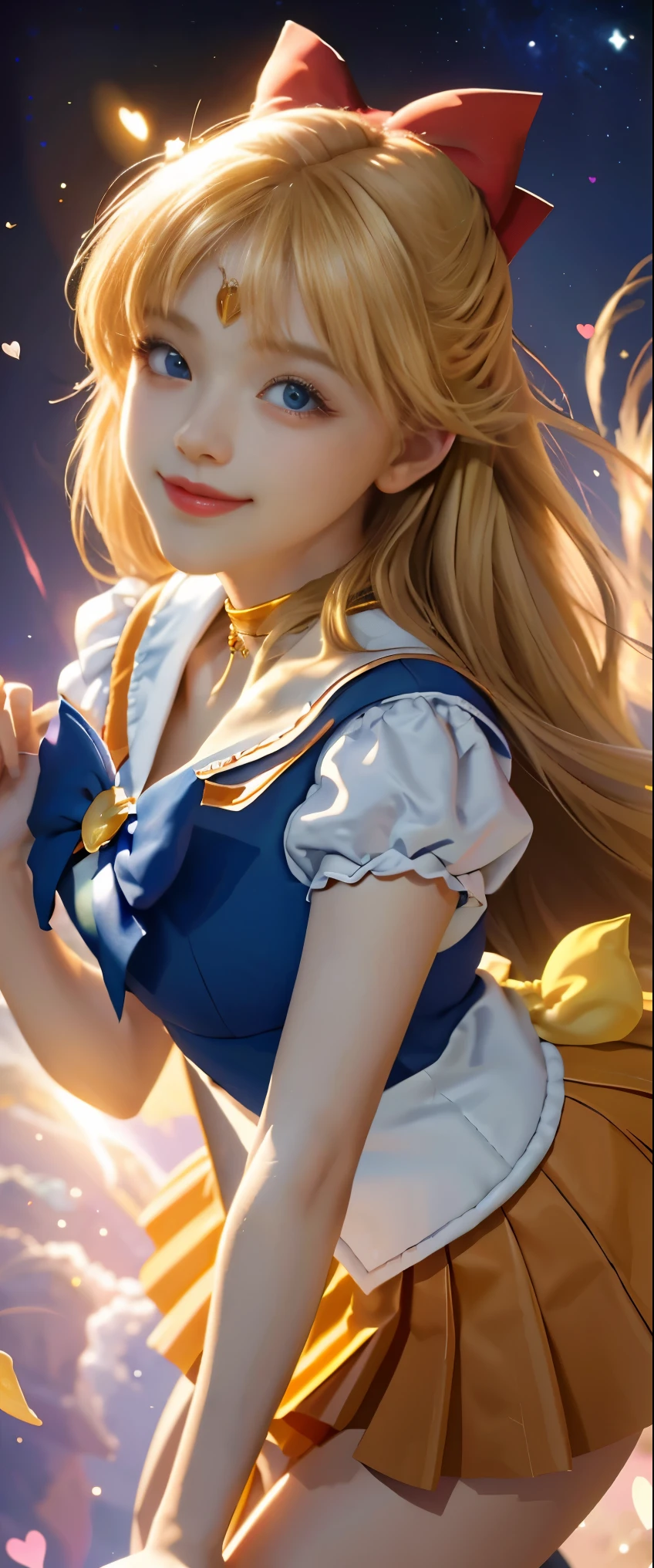 (masterpiece, highest quality;1.3), Very detailed CG, Super detailed, 1 girl, alone,  smile,  looking at the viewer, Stylish angles, blonde long hair,blue eyes,
SV1, Sailor Senshi Uniform, Orange skirt, elbow bag, tiara, orange sailor collar, red bow, orange choker, white gloves, jewelry, From above,
a lot of hearts, face focus,venus,tornado,abstract background, hearts storm, hart beam, Heart Bubble, hearts ballon, hart star, Heart flower, Heartlight, World of the Mind, heart background, galaxy background, Heart weapon, Heart Aura,