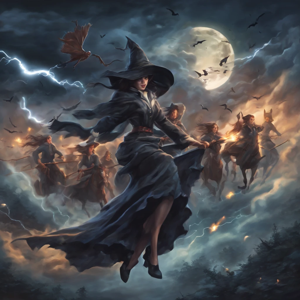 "(best quality,highres,realistic:1.37),scary witches flying on broomsticks, tense race above a cloud and thunderstorm-filled night sky, swirling ring of magic at the end, lightning outlining the course, full moon, mystical atmosphere, dramatic lighting, dark and eerie colors, witch hats and capes, hair flowing in the wind, intense expressions on their faces, intense focus and determination, broomsticks hovering in the air, crackling energy surrounding the broomsticks, ominous thunder and lightning, moonlight casting eerie shadows, mystical symbols in the sky, gusts of wind swirling around the witches, flying at high speed, competing for victory, anticipation and excitement, adrenaline-filled race, intense competition among witches, a thrilling and dangerous challenge, the world below disappearing in the darkness, stars twinkling in the night sky, the howling of the wind, clouds swirling ominously, wisps of fog adding to the eerie atmosphere, a sense of magic and mystery in the air."