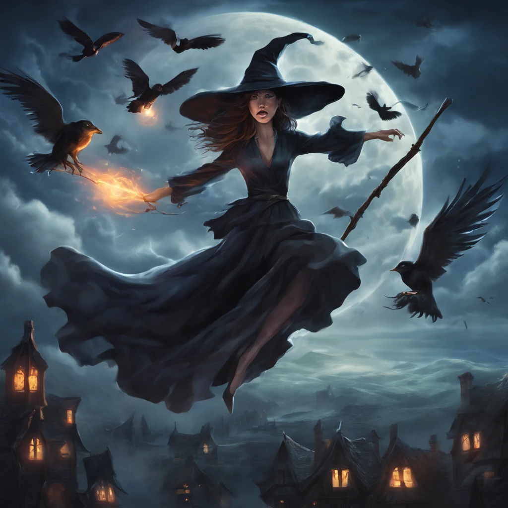 "(best quality,highres,realistic:1.37),scary witches flying on broomsticks, tense race above a cloud and thunderstorm-filled night sky, swirling ring of magic at the end, lightning outlining the course, full moon, mystical atmosphere, dramatic lighting, dark and eerie colors, witch hats and capes, hair flowing in the wind, intense expressions on their faces, intense focus and determination, broomsticks hovering in the air, crackling energy surrounding the broomsticks, ominous thunder and lightning, moonlight casting eerie shadows, mystical symbols in the sky, gusts of wind swirling around the witches, flying at high speed, competing for victory, anticipation and excitement, adrenaline-filled race, intense competition among witches, a thrilling and dangerous challenge, the world below disappearing in the darkness, stars twinkling in the night sky, the howling of the wind, clouds swirling ominously, wisps of fog adding to the eerie atmosphere, a sense of magic and mystery in the air."