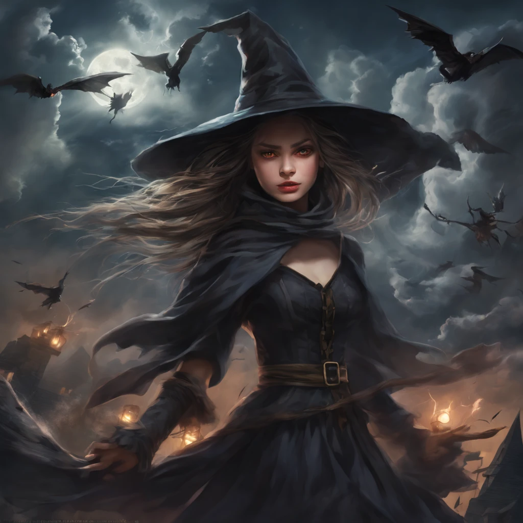 "(best quality,highres,realistic:1.37),scary witches flying on broomsticks, tense race above a cloud and thunderstorm-filled night sky, swirling ring of magic at the end, lightning outlining the course, full moon, mystical atmosphere, dramatic lighting, dark and eerie colors, witch hats and capes, hair flowing in the wind, intense expressions on their faces, intense focus and determination, broomsticks hovering in the air, crackling energy surrounding the broomsticks, ominous thunder and lightning, moonlight casting eerie shadows, mystical symbols in the sky, gusts of wind swirling around the witches, flying at high speed, competing for victory, anticipation and excitement, adrenaline-filled race, intense competition among witches, a thrilling and dangerous challenge, the world below disappearing in the darkness, stars twinkling in the night sky, the howling of the wind, clouds swirling ominously, wisps of fog adding to the eerie atmosphere, a sense of magic and mystery in the air."