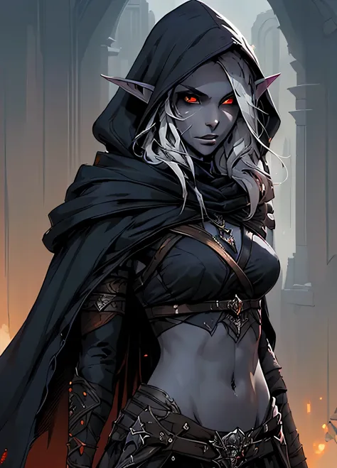 drow, female, pointy ears, solo, elf, navel, hood, colored skin, midriff, looking at viewer, long hair, cloak, dark elf, breasts...