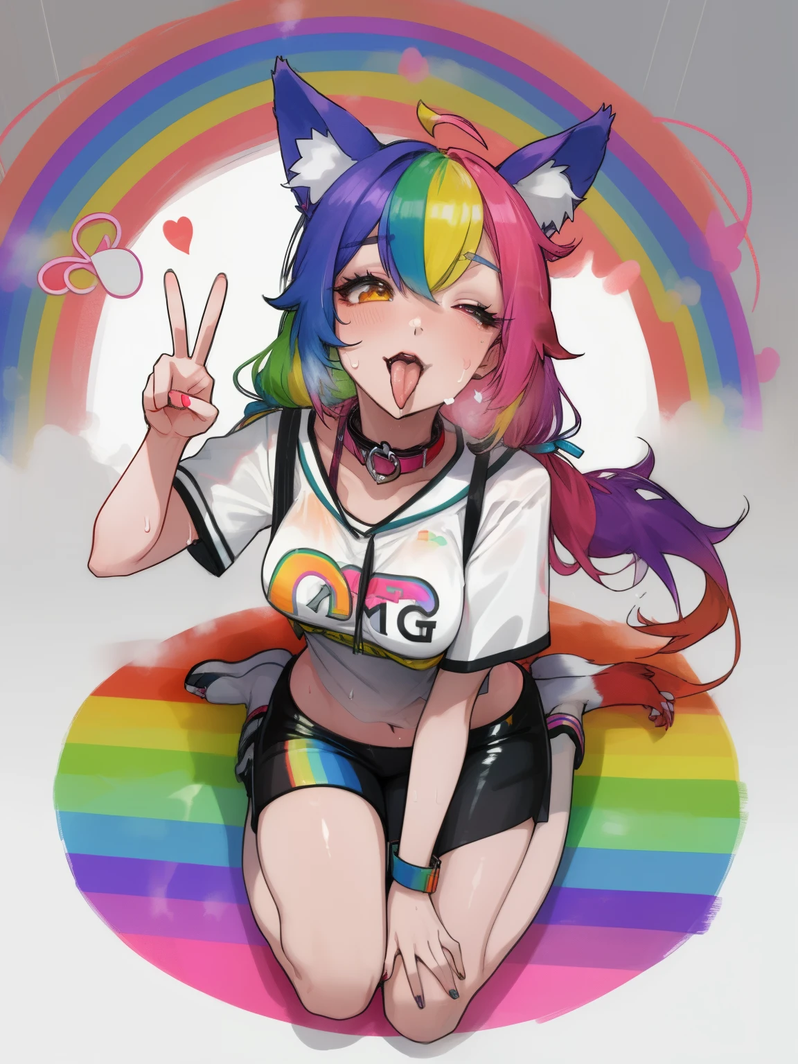 woman in dog ears, rainbow hair, sweating, full body view, dog collar, peace, sign, tongue out, rainbow living room, sitting, looking up,