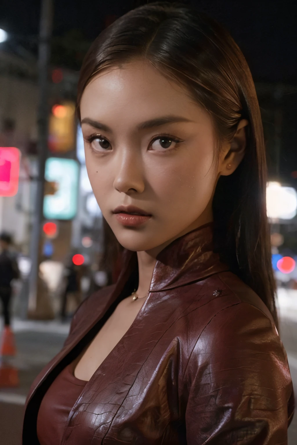 best quality, realistic, front pov, KristannaTX in a los angeles city street, (a female Indonesian supermodel), (wine red leather jacket:1.1), expressionless, (long hair), (dark hair) (straight hair:1.1), perfect face, perfect eyes, (deep focus), (hard lighting), (night time), (realistic lighting:1.0)