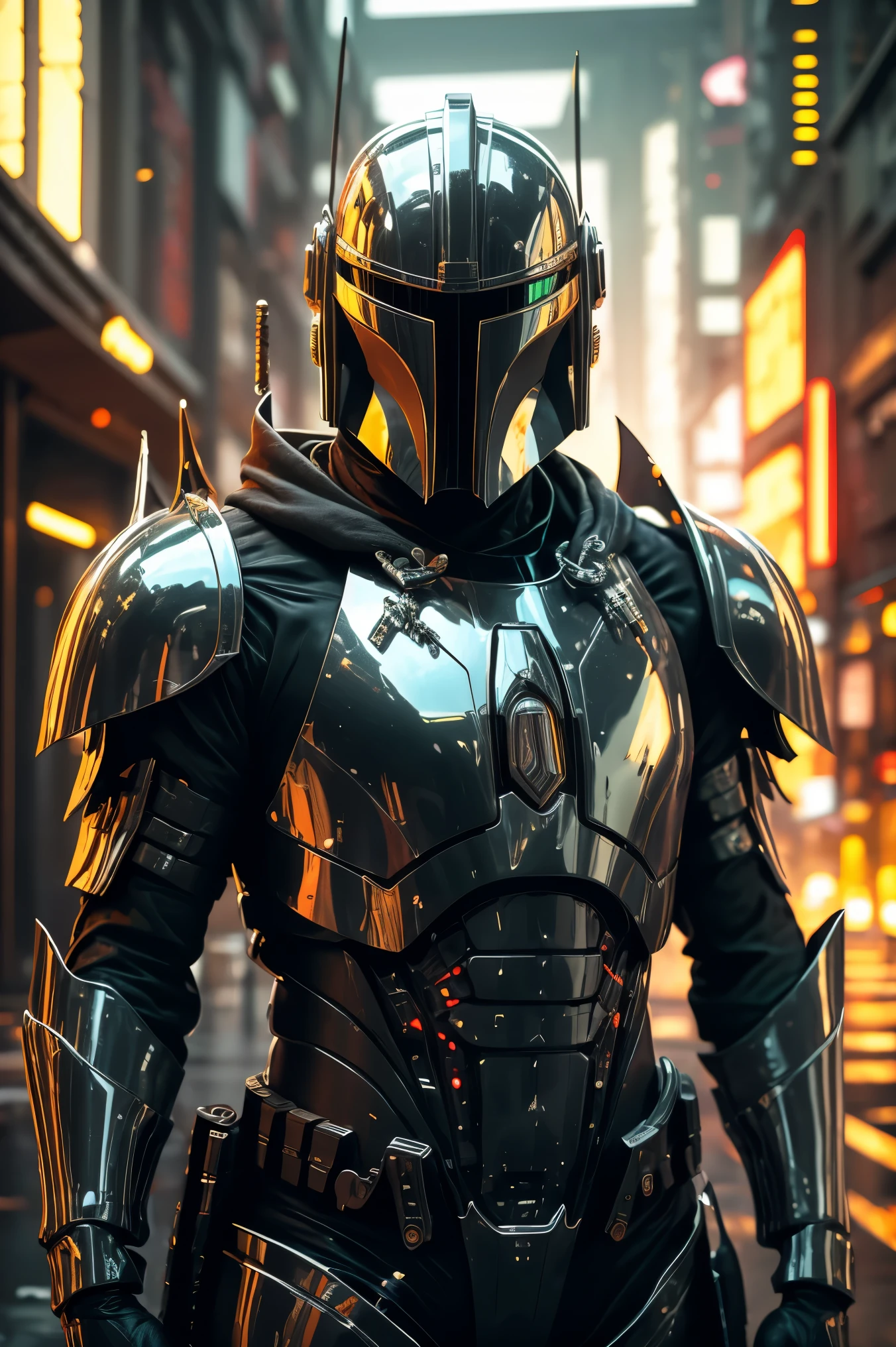 SH4G0D style cyberpunk sprite, cosmic Mandalorian (chrome) 