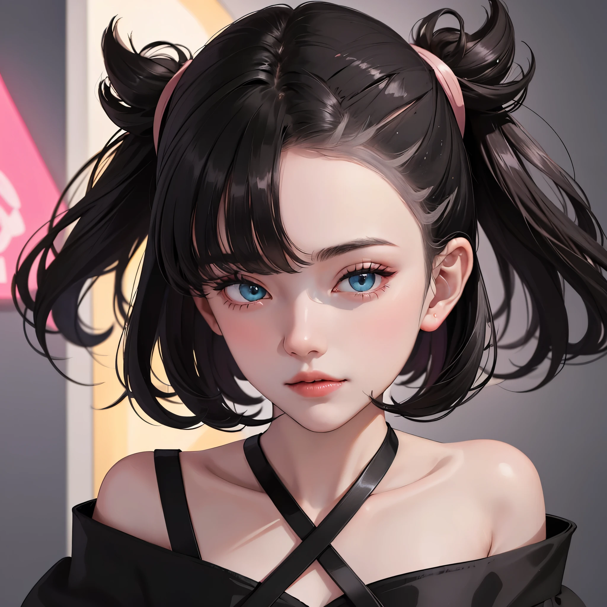 An exquisite masterpiece of top quality and high resolution featuring Marnie. Big sleepy eyes, Aqua eyes、Glowing under the dim light. black hair, much hair, Hair with volume, messy hair, Half bangs, bangs, only head and shoulders, magazine style, pink top, russian woman, adult woman, looking at the viewer, frontal, hyperrealistic.