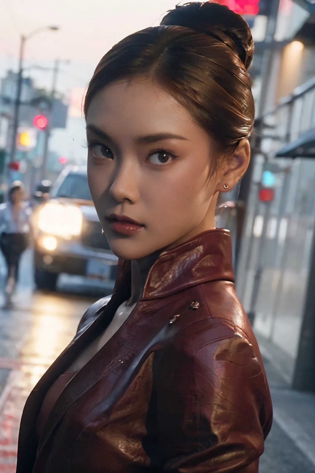 best quality, realistic, front pov, KristannaTX in a los angeles city street, (a female Indonesian supermodel), (wine red leather jacket:1.1), seductive smile, (dark hair), (updo hair) (hairbun:1.1), perfect eyes, sharp details, detailed face, (deep focus), (hard lighting), (night time), (realistic lighting:1.0)