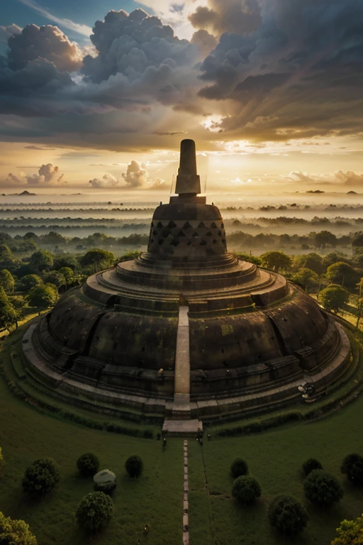 a borobudur temple, in indonesia, shining with golden sun light, covered with cloud and thunder, 8k high res, cinematic, bautiful scene, with a president standing in front of 