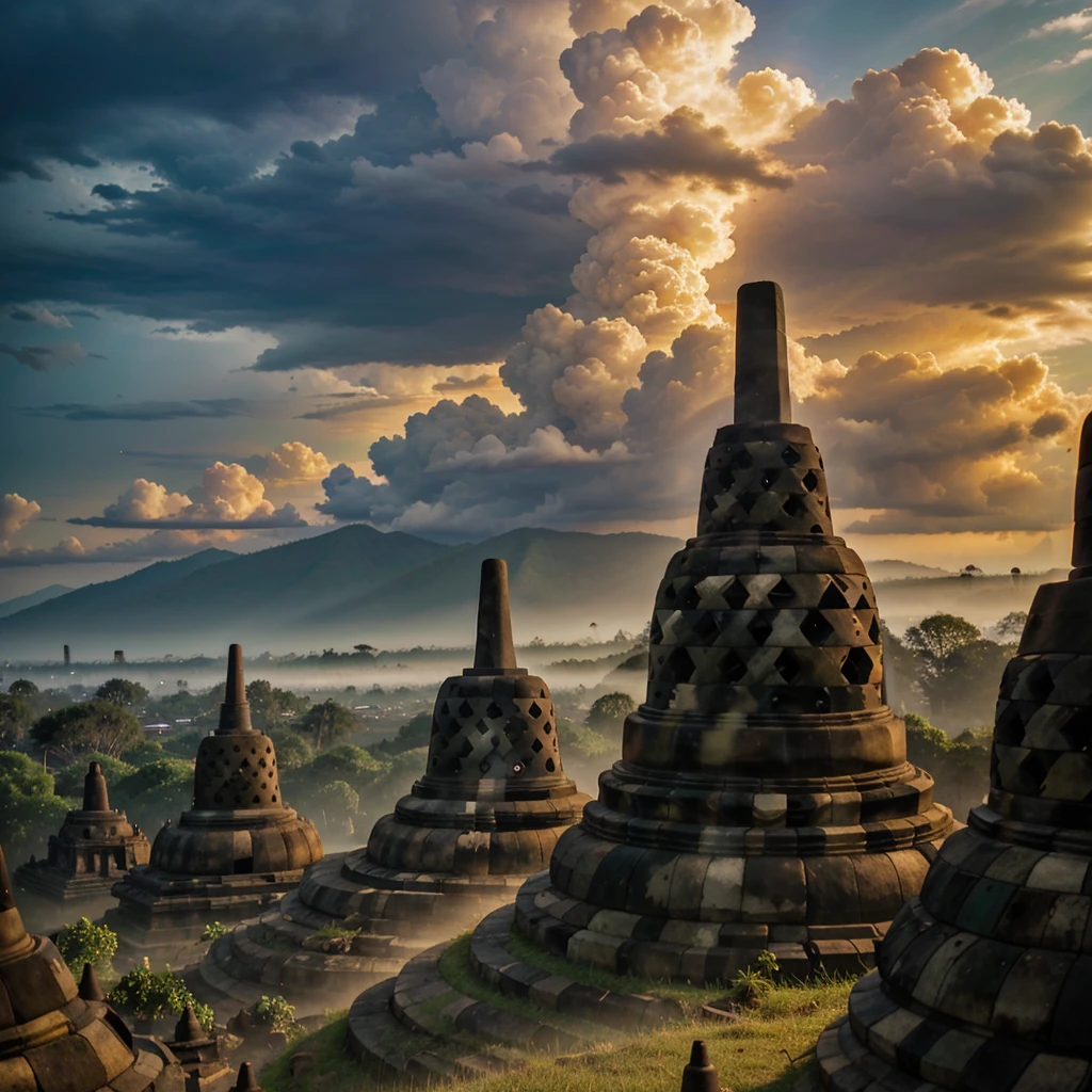 a borobudur temple, in indonesia, shining with golden sun light, covered with cloud and thunder, 8k high res, cinematic, bautiful scene, with a president standing in front of 