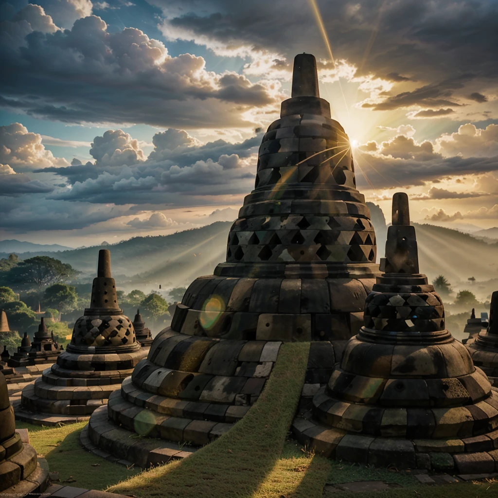 a borobudur temple, in indonesia, shining with golden sun light, covered with cloud and thunder, 8k high res, cinematic, bautiful scene, with a president standing in front of 