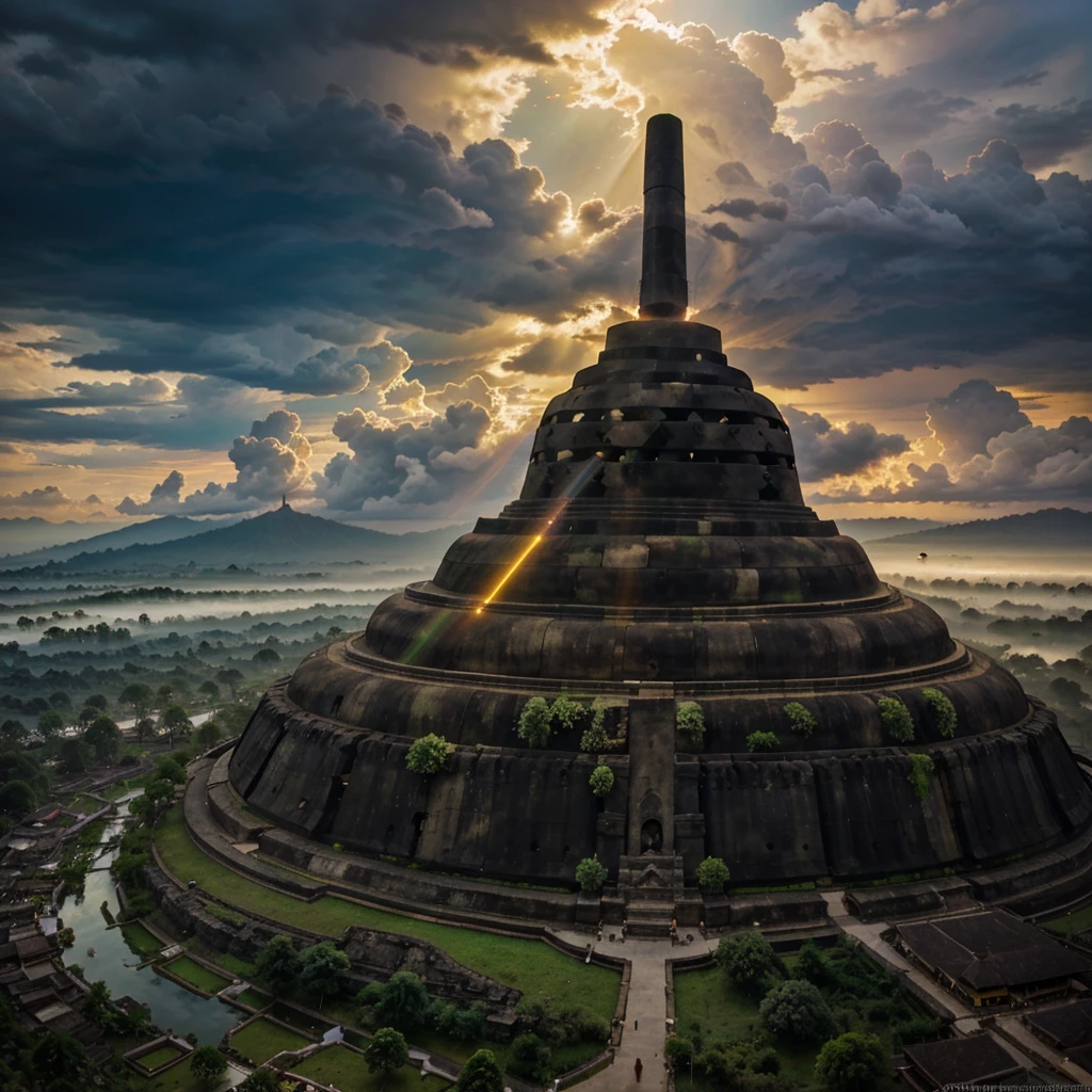 a borobudur temple, in indonesia, shining with golden sun light, covered with cloud and thunder, 8k high res, cinematic, bautiful scene, with a president standing in front of 