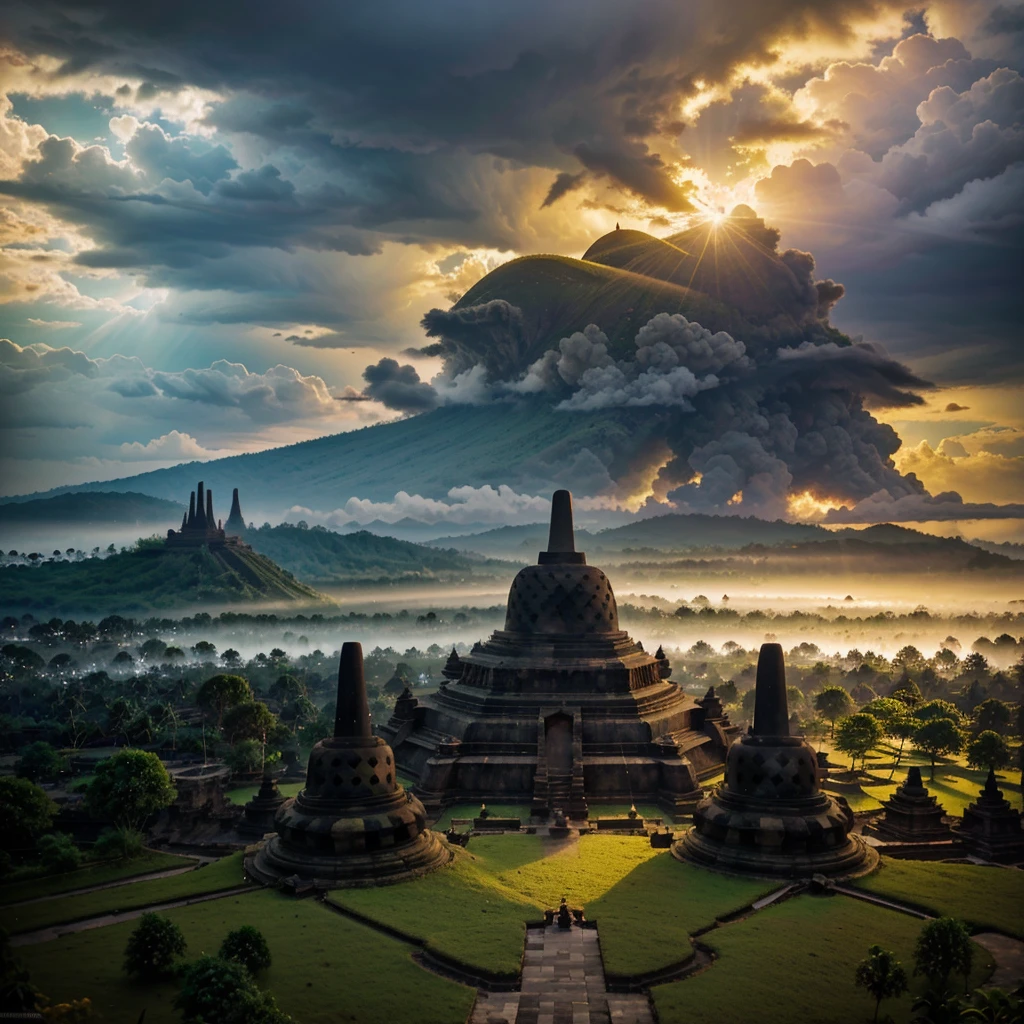 a borobudur temple, in indonesia, shining with golden sun light, covered with cloud and thunder, 8k high res, cinematic, bautiful scene, with a president standing in front of 