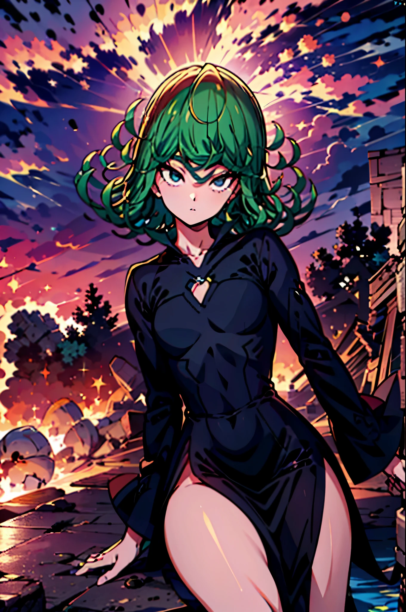 (masterpiece, Best Quality: 1.2), cowboy shot, Alone, 1 girl, (Tatsumaki), angry, Closed mouth, looking at the viewer, Crossed arms, black dress, blue sky, clouds, wide hip, thick thighs, defined body, Perfect beautiful body, perfect beautiful, White micro panties inserted in the crotch.